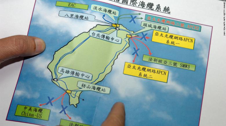 نقشه قطعی کابل های اینترنت در ساحل تایوان